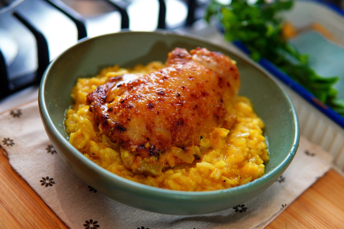 Frango com arroz cremoso de creme de milho